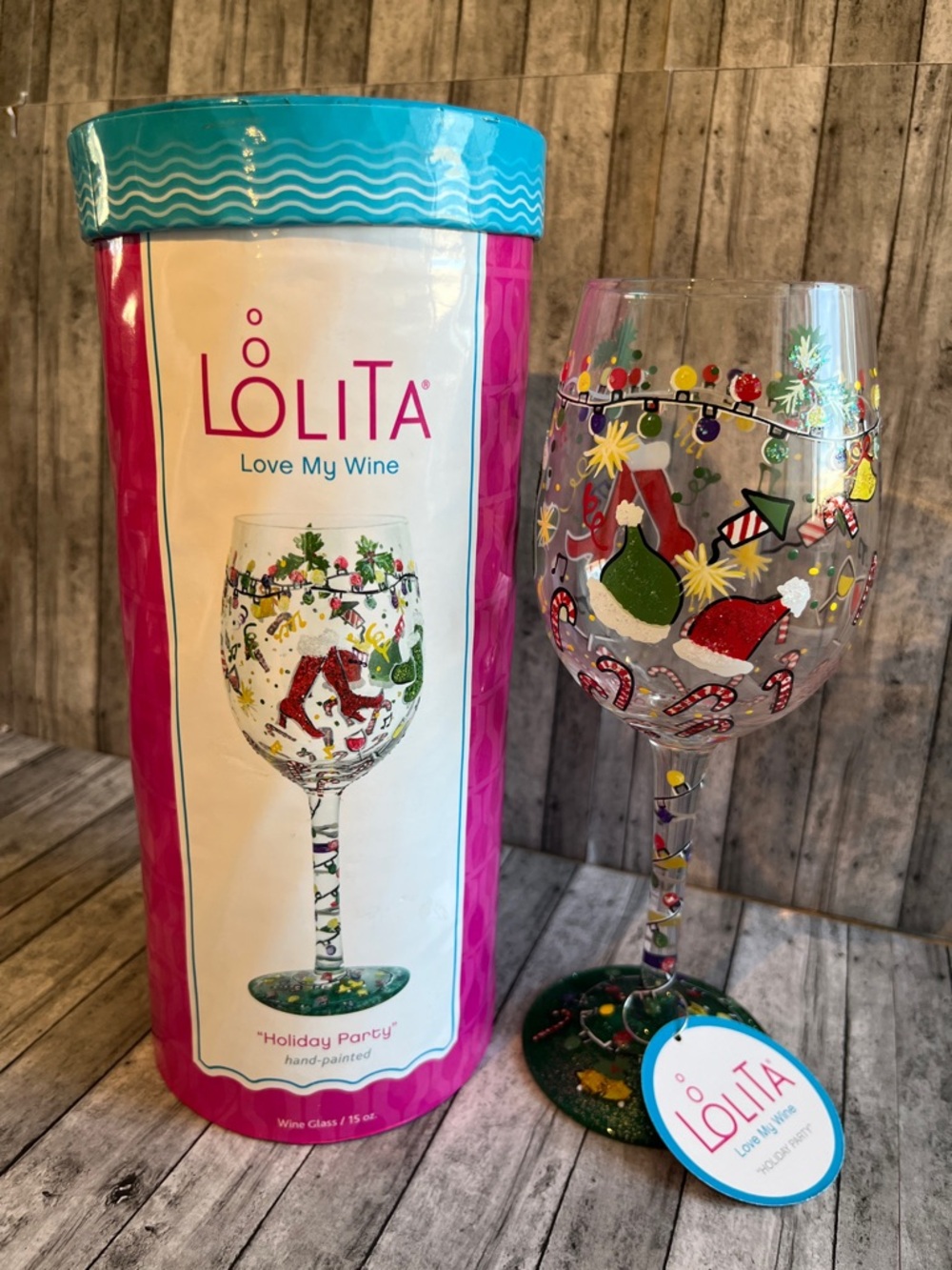 Lolita Hand-Painted Holiday Wine Glass - NWOT